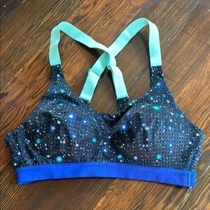 VSX Sport Black and Blue Sports Bra with Star Pattern, Size 32B